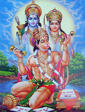 Ram Sita Hanuman Devotional Painting with Conch and Sacred Texts, Ram Sita Hanuman , Ramudu HD phone wallpaper
