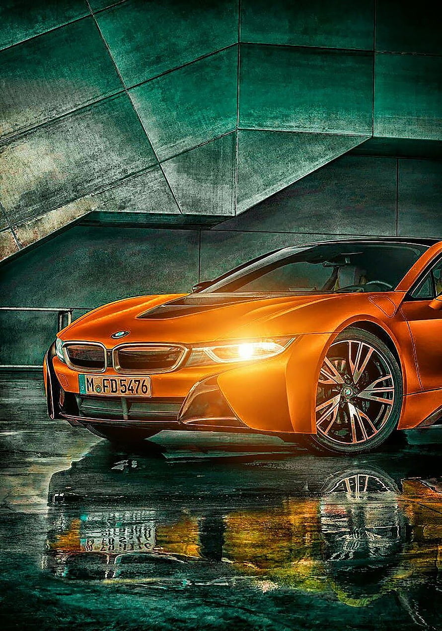 Orange BMW i8 Sports Car Parked on Wet Concrete with Dramatic Reflections HD phone wallpaper