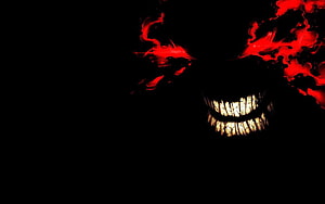 Menacing Grinning Demon Face With Glowing Red Eyes And Fiery Smoke On Black Background HD wallpaper