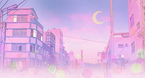 Pastel Japanese Cityscape at Dusk with Crescent Moon and Soft Pink Haze HD wallpaper