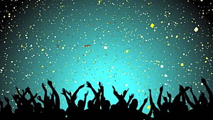 Silhouetted Crowd With Raised Hands Under Falling Confetti Against Teal Background HD wallpaper