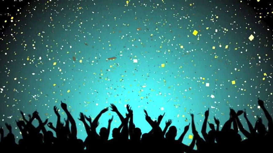 Silhouetted Crowd With Raised Hands Under Falling Confetti Against Teal Background HD wallpaper
