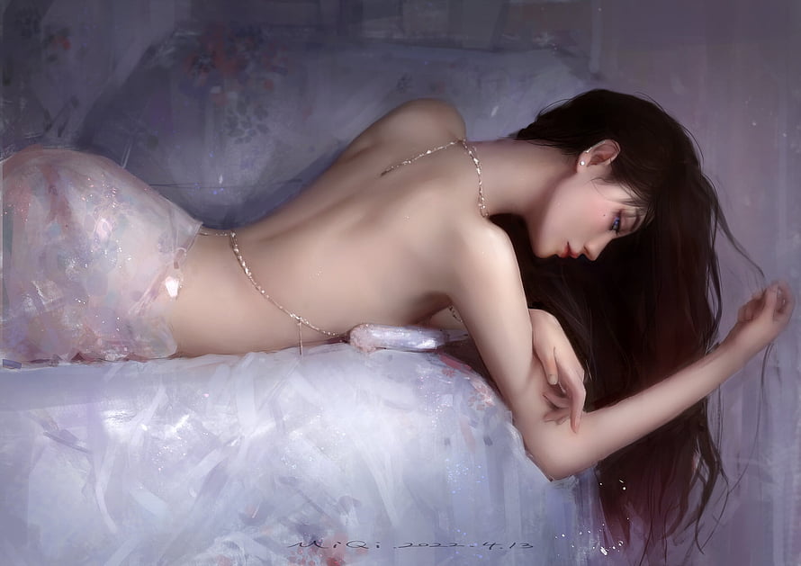 Ethereal Digital Painting of a Woman Lying on a Bed with Soft Lighting and Delicate Jewelry HD wallpaper