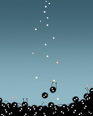 Soot Sprites Reaching for Falling Stars in Minimalist Spirited Away Illustration HD phone wallpaper