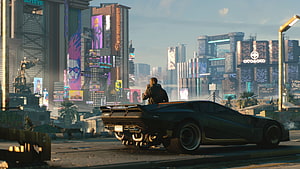 Cyberpunk 2077 Night City Skyline with Futuristic Sports Car and Character HD wallpaper