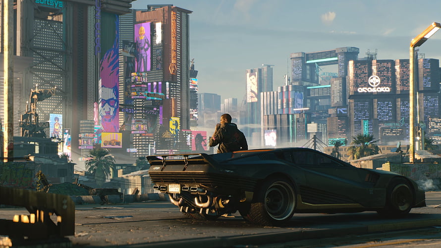 Cyberpunk 2077 Night City Skyline with Futuristic Sports Car and Character HD wallpaper