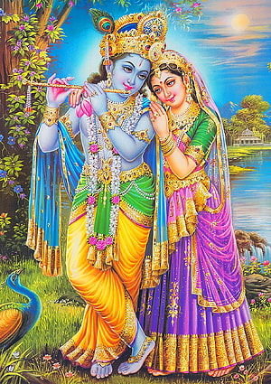 Krishna and Radha Playing Flute in a Lush Garden with Peacock and River HD phone wallpaper