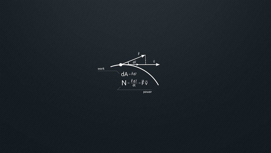 Minimalist Physics Diagram of Work and Power Equations on Dark Background HD wallpaper