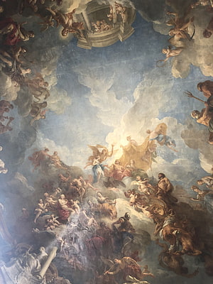 Baroque Ceiling Fresco Depicting Mythological Figures and Angels in Clouds HD phone wallpaper