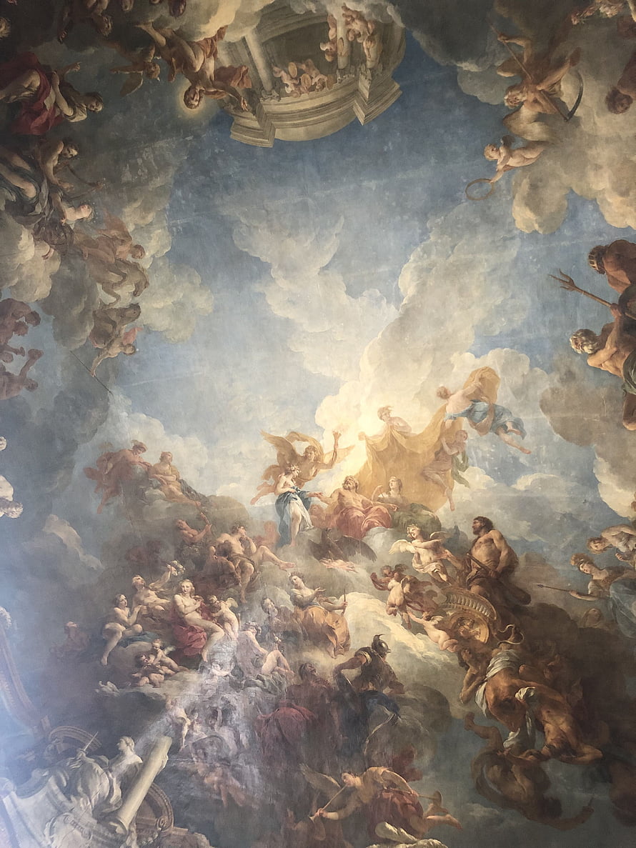 Baroque Ceiling Fresco Depicting Mythological Figures and Angels in Clouds HD phone wallpaper
