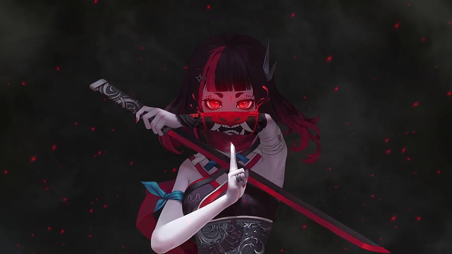 Demonic Ninja Girl Warrior with Red Eyes and Katana in Dark Fantasy Anime Style HD wallpaper