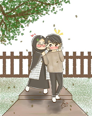 Cute Anime Muslim Couple Whispering Under a Tree in a Park HD phone wallpaper