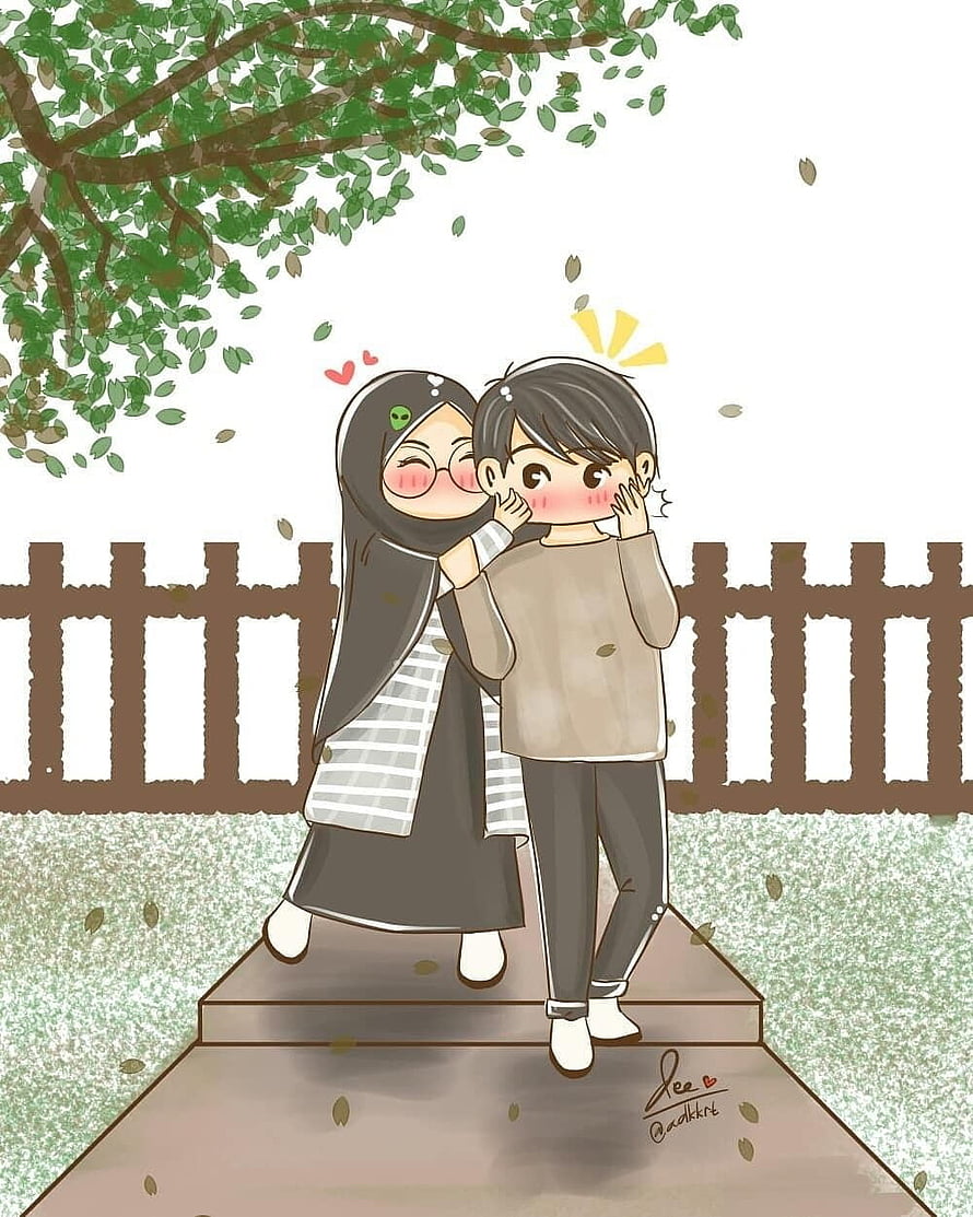 Cute Anime Muslim Couple Whispering Under a Tree in a Park HD phone wallpaper