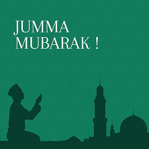 Jumma Mubarak Greeting Card with Praying Man and Mosque Silhouette on Green Background HD phone wallpaper