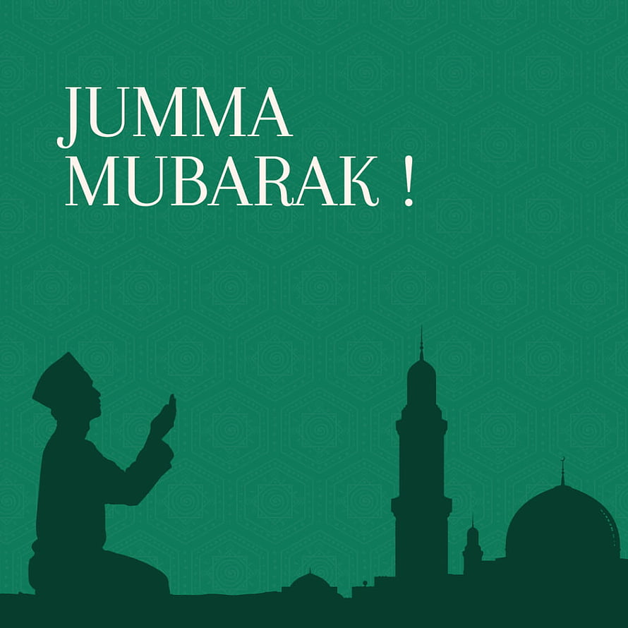 Jumma Mubarak Greeting Card with Praying Man and Mosque Silhouette on Green Background HD phone wallpaper