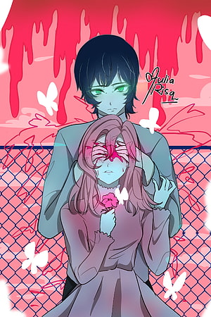 Dark Anime Illustration of Two Characters with Blood and Butterflies HD phone wallpaper