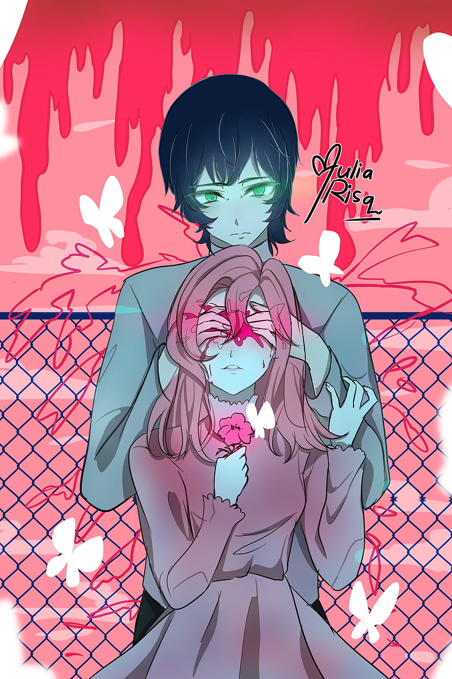 Dark Anime Illustration of Two Characters with Blood and Butterflies HD phone wallpaper