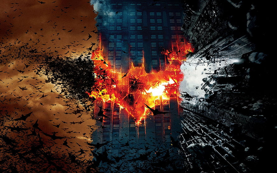 Batman Dark Knight Trilogy Cinematic Poster with Burning Bat Symbol and Swarming Bats HD wallpaper