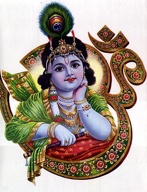 Bal Krishna Devotional Portrait with Peacock Feather Crown and Traditional Indian Jewelry HD phone wallpaper