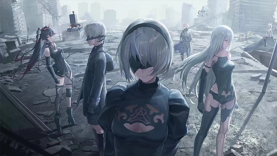 NieR: Automata and Punishing: Gray Raven Crossover Characters in Post-Apocalyptic Ruins HD wallpaper