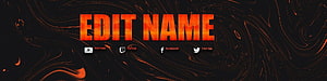 Dark Abstract Gaming Banner with Fiery Orange Text and Social Media Icons HD wallpaper