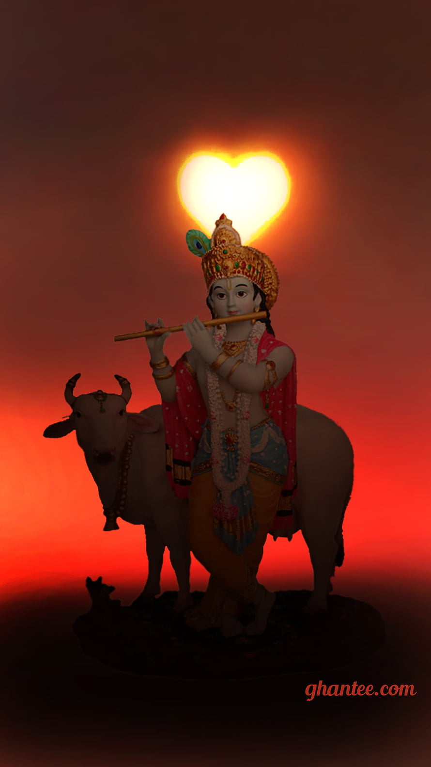 Krishna Playing Flute with Nandi Against a Heart-Shaped Sunset Glow HD phone wallpaper