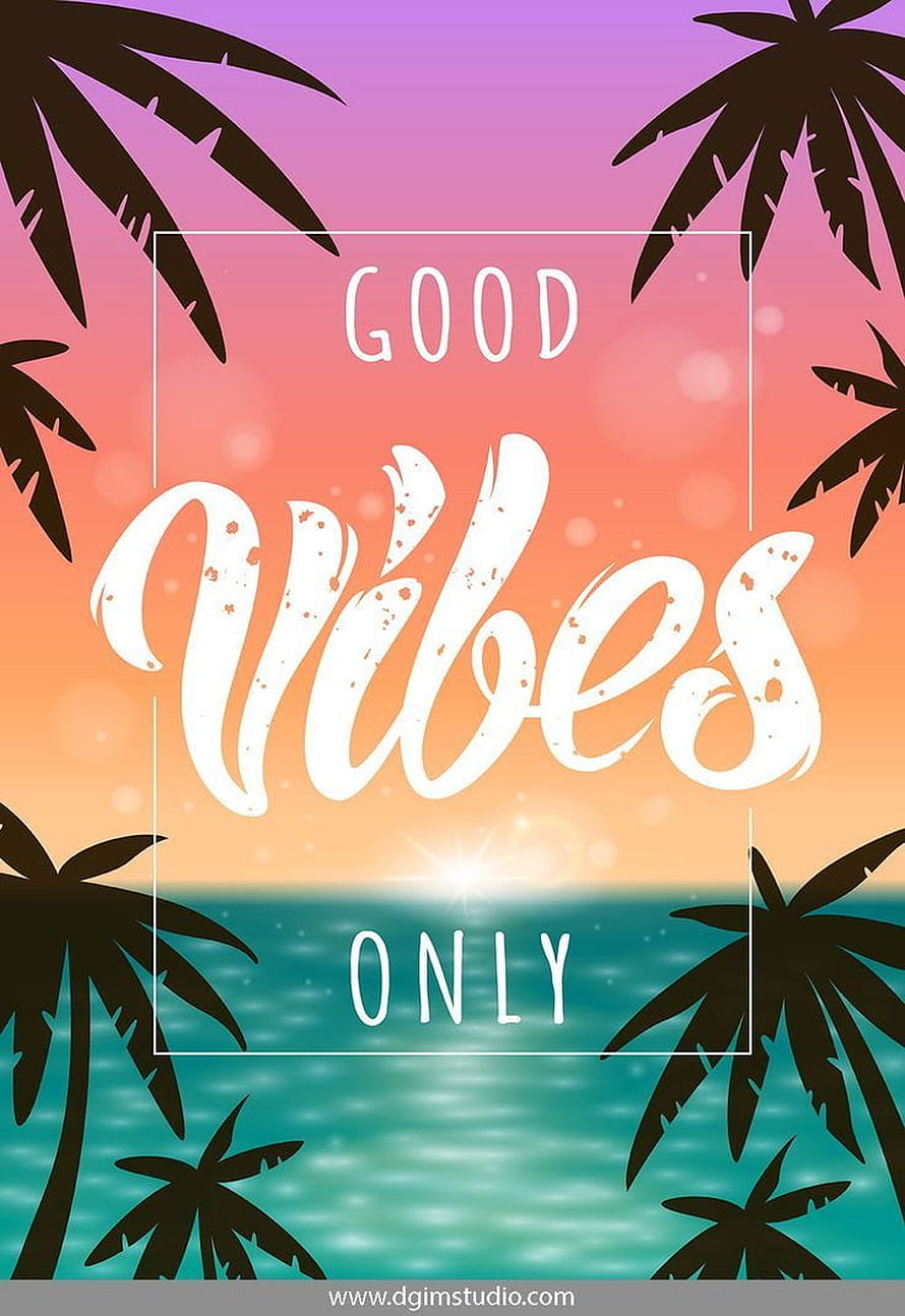 Tropical Sunset Palm Silhouettes with Good Vibes Only Lettering HD phone wallpaper