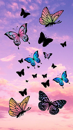Colorful butterflies and silhouettes flying against a pink and purple sunset sky HD phone wallpaper