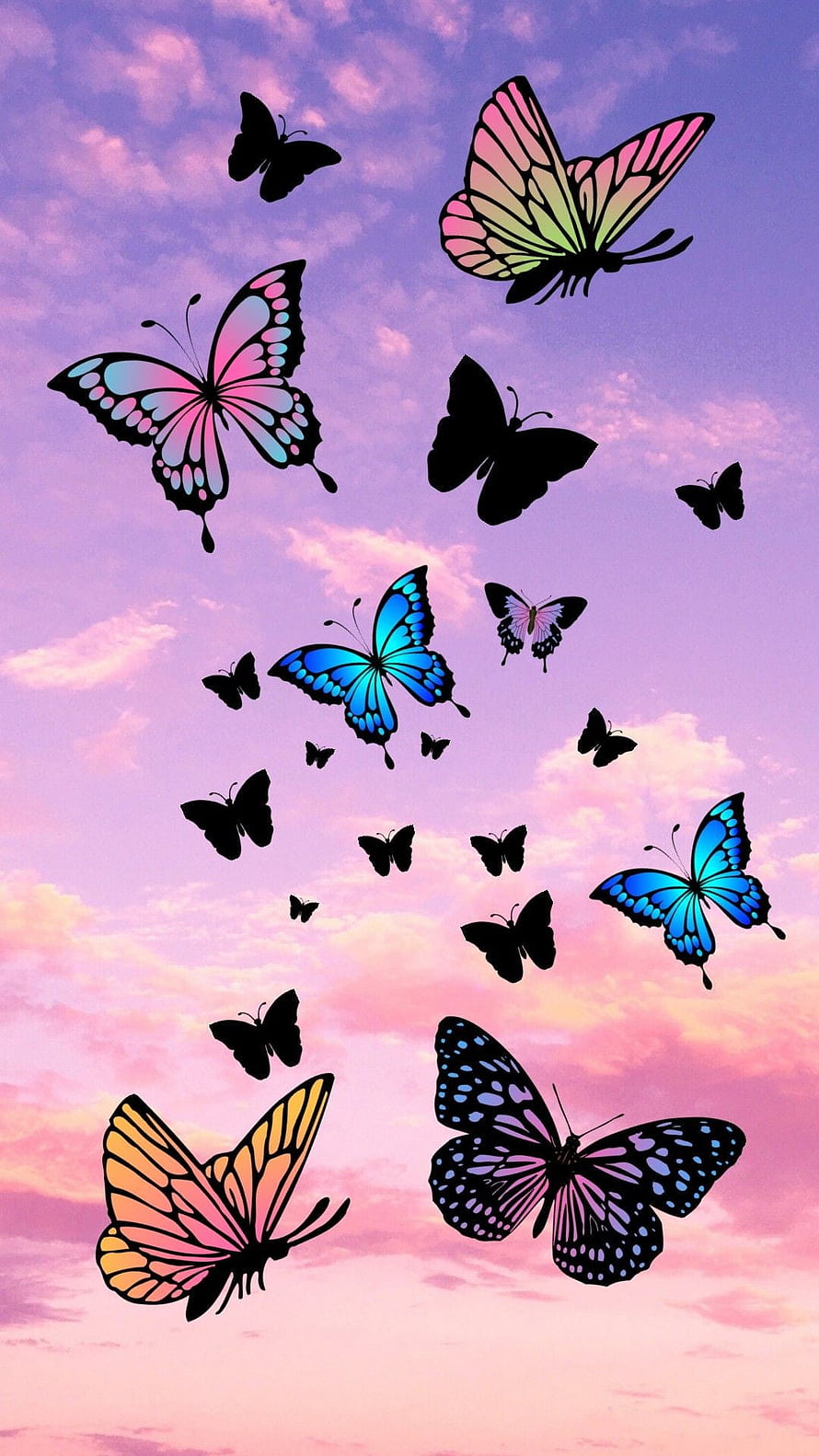 Colorful butterflies and silhouettes flying against a pink and purple sunset sky HD phone wallpaper