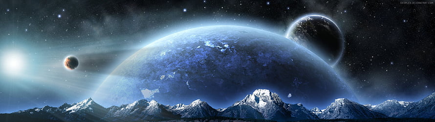 Panoramic Alien Planet Landscape with Snow-Capped Mountains and Distant Moons HD wallpaper