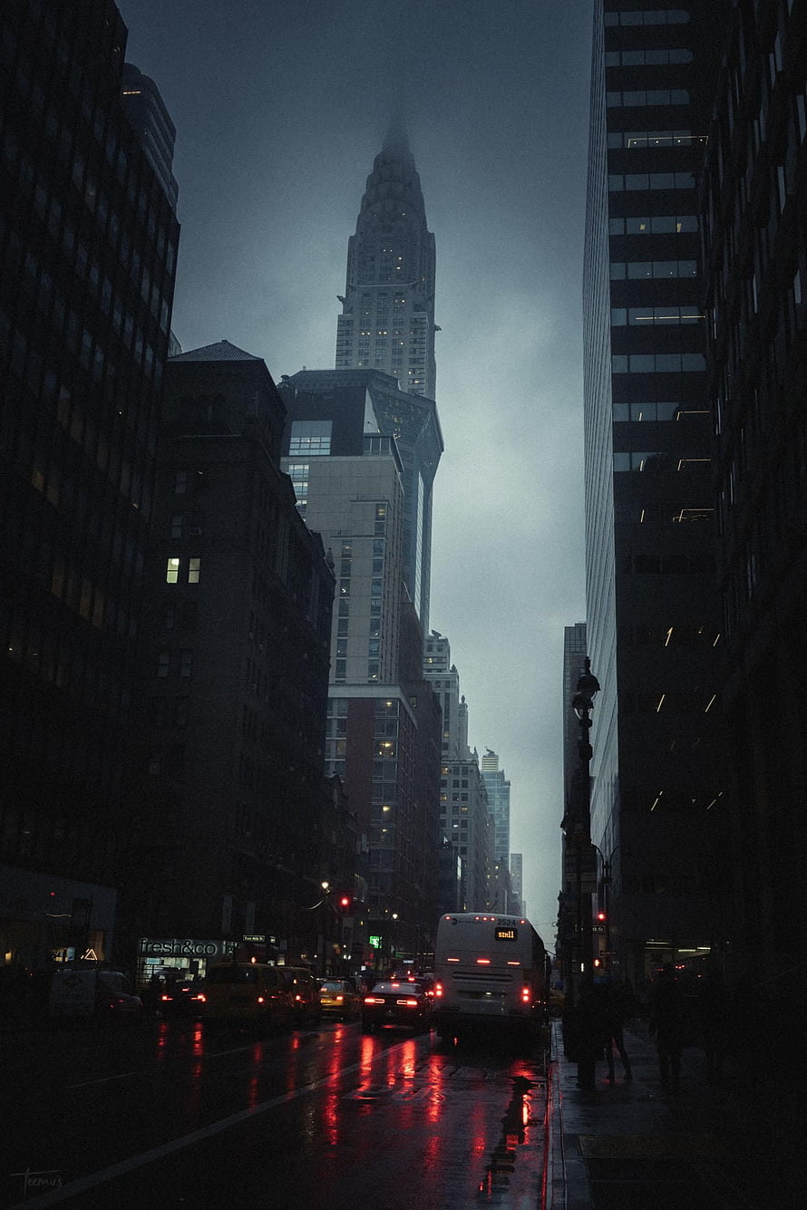 Moody Manhattan Street View with Chrysler Tower Rising Through Overcast Rain HD phone wallpaper