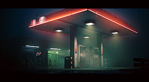 Moody Nighttime Gas Station with Red Neon Canopy and Rain-Soaked Pumps HD wallpaper