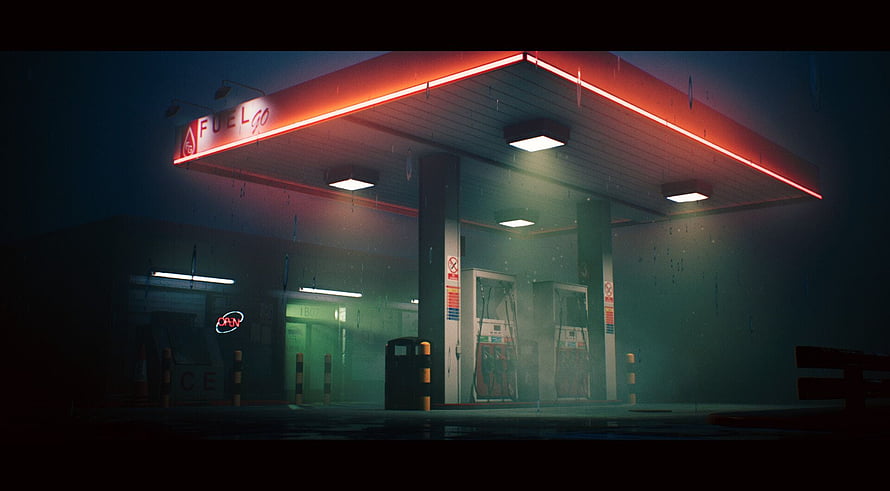 Moody Nighttime Gas Station with Red Neon Canopy and Rain-Soaked Pumps HD wallpaper