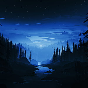 Serene Nighttime Mountain Valley with River and Pine Forest in Minimalist Digital Art Style HD phone wallpaper