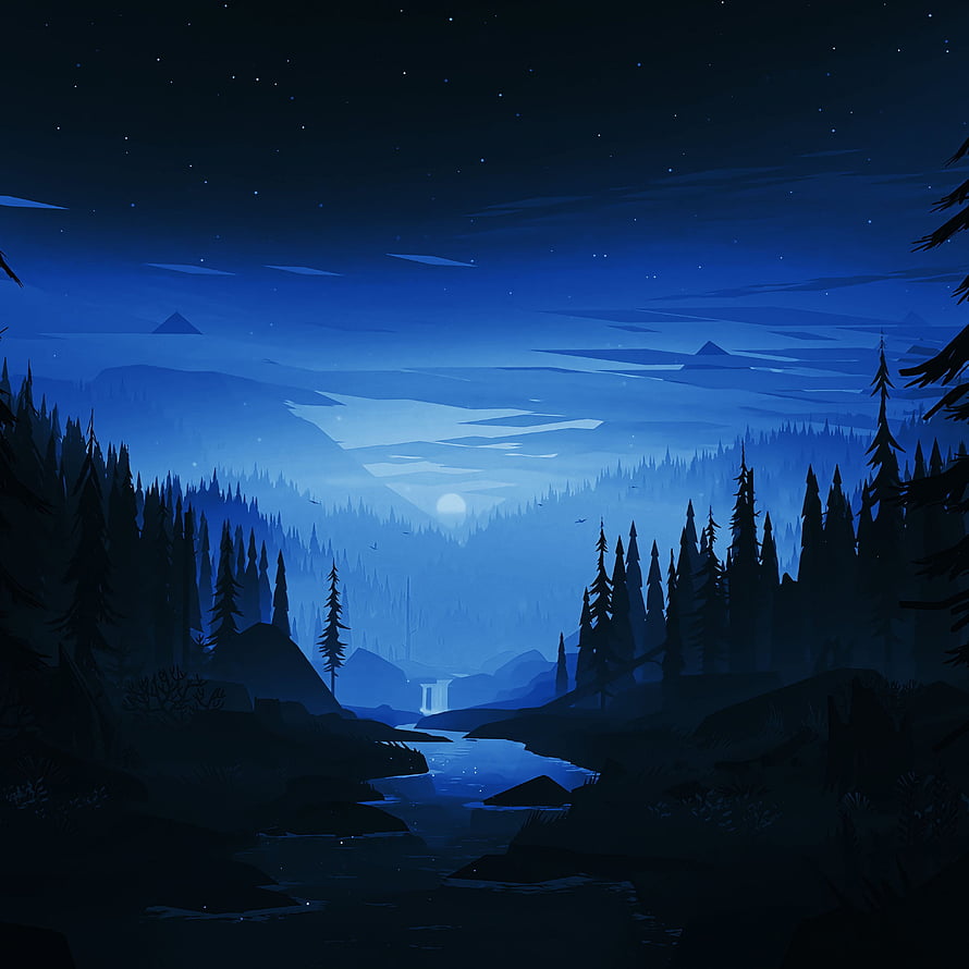 Serene Nighttime Mountain Valley with River and Pine Forest in Minimalist Digital Art Style HD phone wallpaper