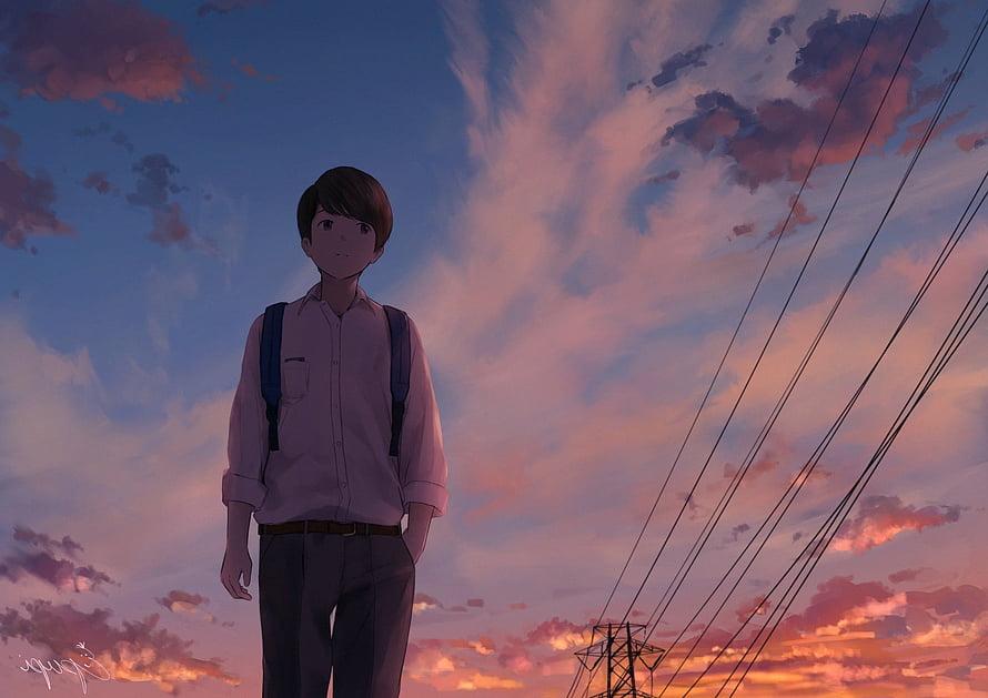 Anime Boy in School Uniform Standing Under a Vibrant Sunset Sky with Power Lines HD wallpaper