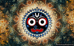 Lord Jagannath Divine Face with Ornate Blue Mandala on Textured Gold Background HD wallpaper