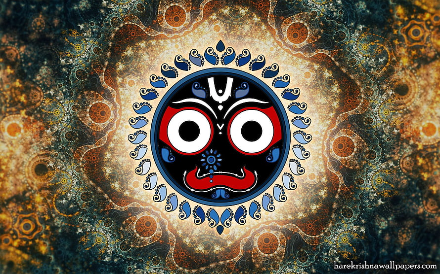 Lord Jagannath Divine Face with Ornate Blue Mandala on Textured Gold Background HD wallpaper