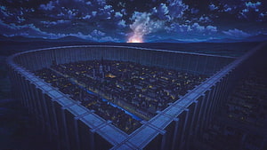 Attack on Titan Walled City at Night with Distant Explosion HD wallpaper