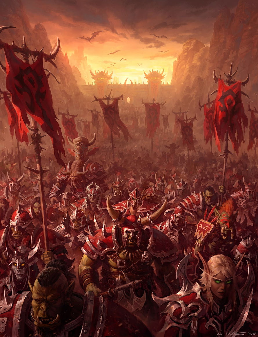 World of Warcraft Horde Army Marching Through Canyon at Sunset HD phone wallpaper