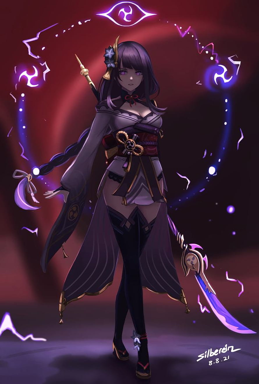 Raiden Shogun Genshin Impact Character Art with Violet Energy and Katana HD phone wallpaper