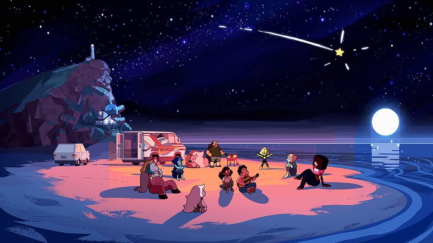 Steven Universe characters gathered around a campfire under a starry night sky with a shooting star HD wallpaper