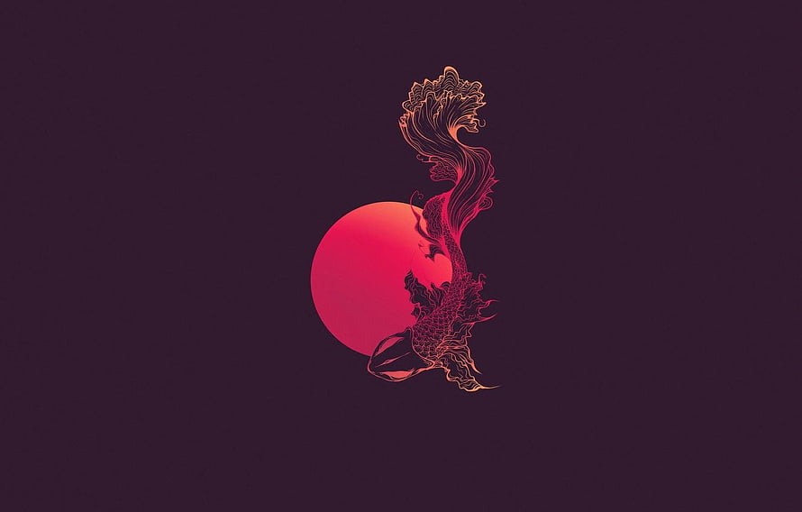 Minimalist Japanese Dragon Silhouette Against a Crimson Sun on a Dark Background HD wallpaper