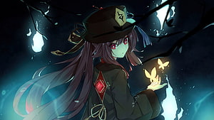 Hutao from Genshin Impact holding glowing butterflies in a dark forest setting HD wallpaper