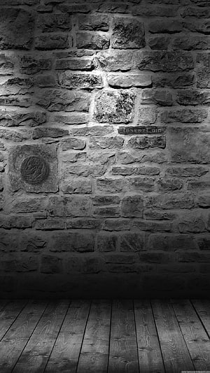 Moody Black and White Stone Wall with Wooden Floor and Vintage Medallion HD phone wallpaper