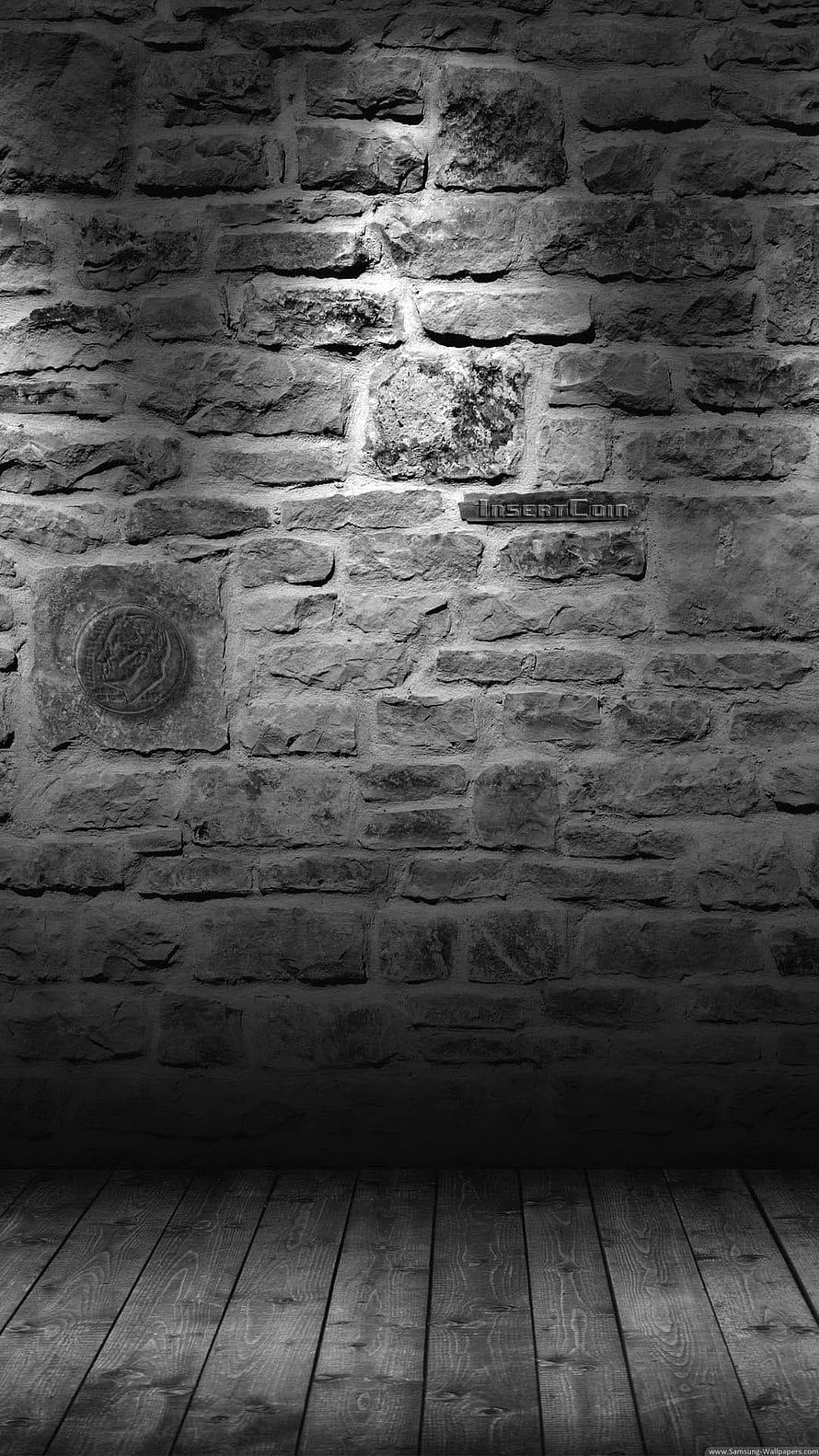 Moody Black and White Stone Wall with Wooden Floor and Vintage Medallion HD phone wallpaper