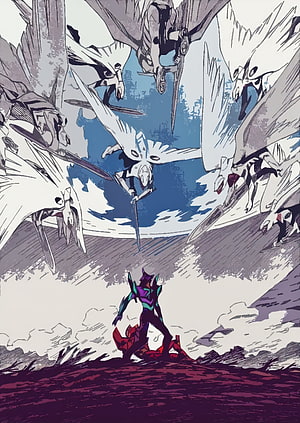 Evangelion manga art of a lone pilot facing a swarm of winged Angels in a dramatic battle scene HD phone wallpaper