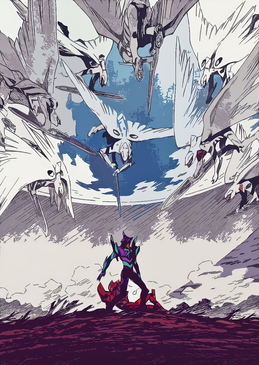Evangelion manga art of a lone pilot facing a swarm of winged Angels in a dramatic battle scene HD phone wallpaper