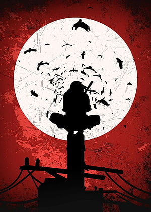Uchiha Itachi Silhouette Perched on a Pole Against a Red Sky and White Moon HD phone wallpaper