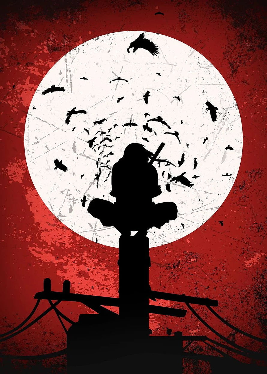 Uchiha Itachi Silhouette Perched on a Pole Against a Red Sky and White Moon HD phone wallpaper